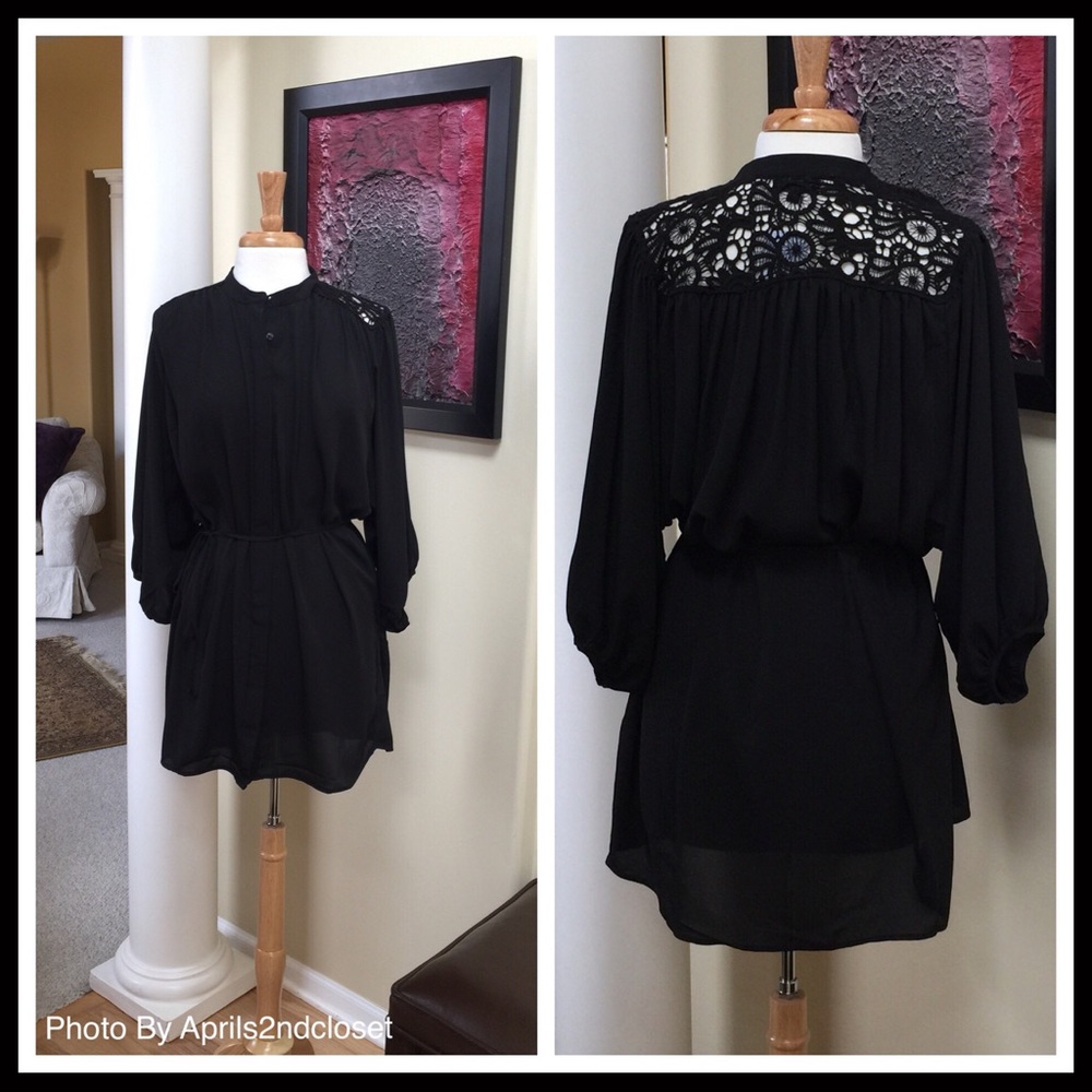 BLACK V-NECK BOHO CROCHET LACE TUNIC TOP BLOUSE - Picture 6 of 8
